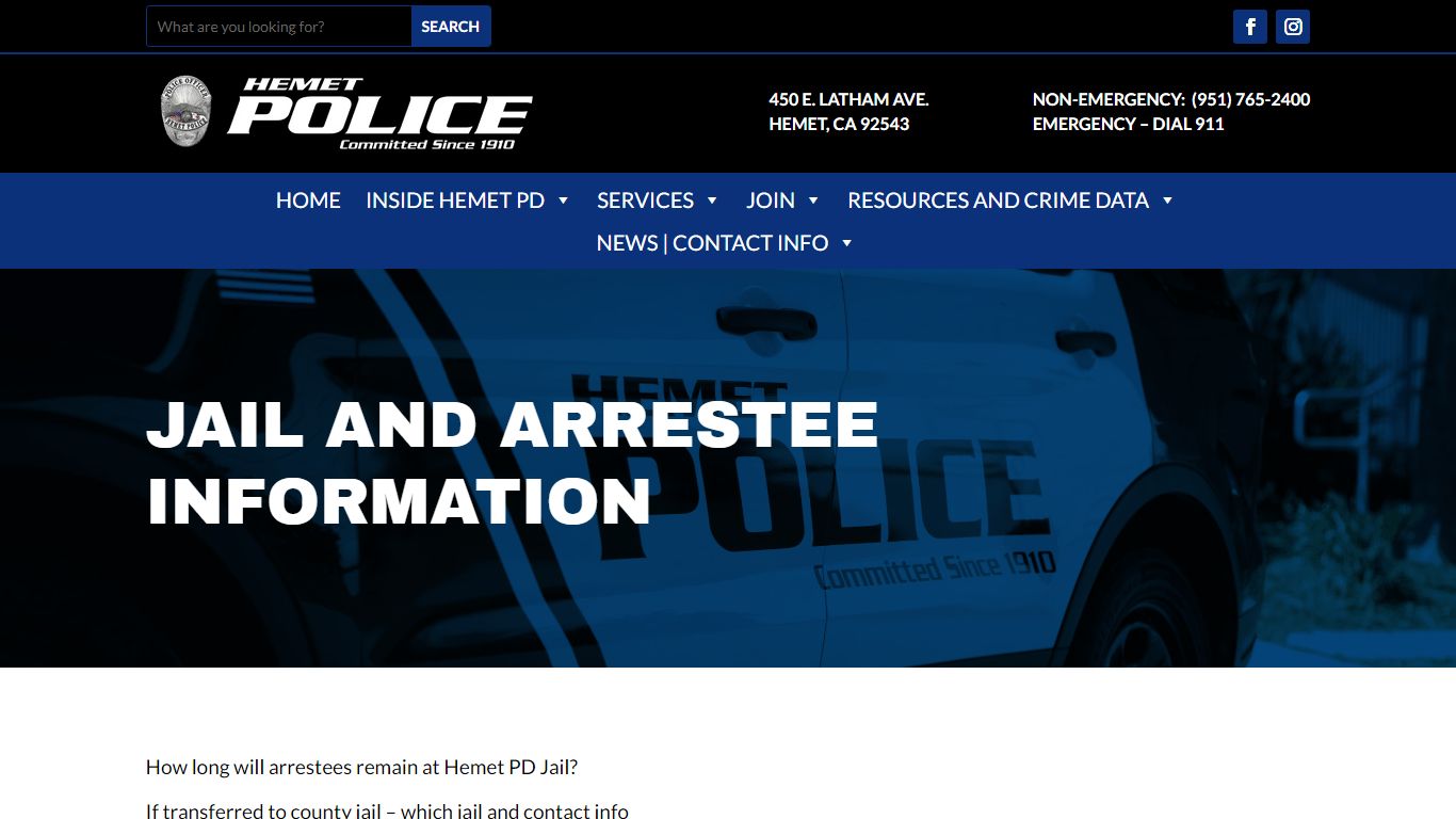 Jail and Arrestee Information | Hemet Police Department