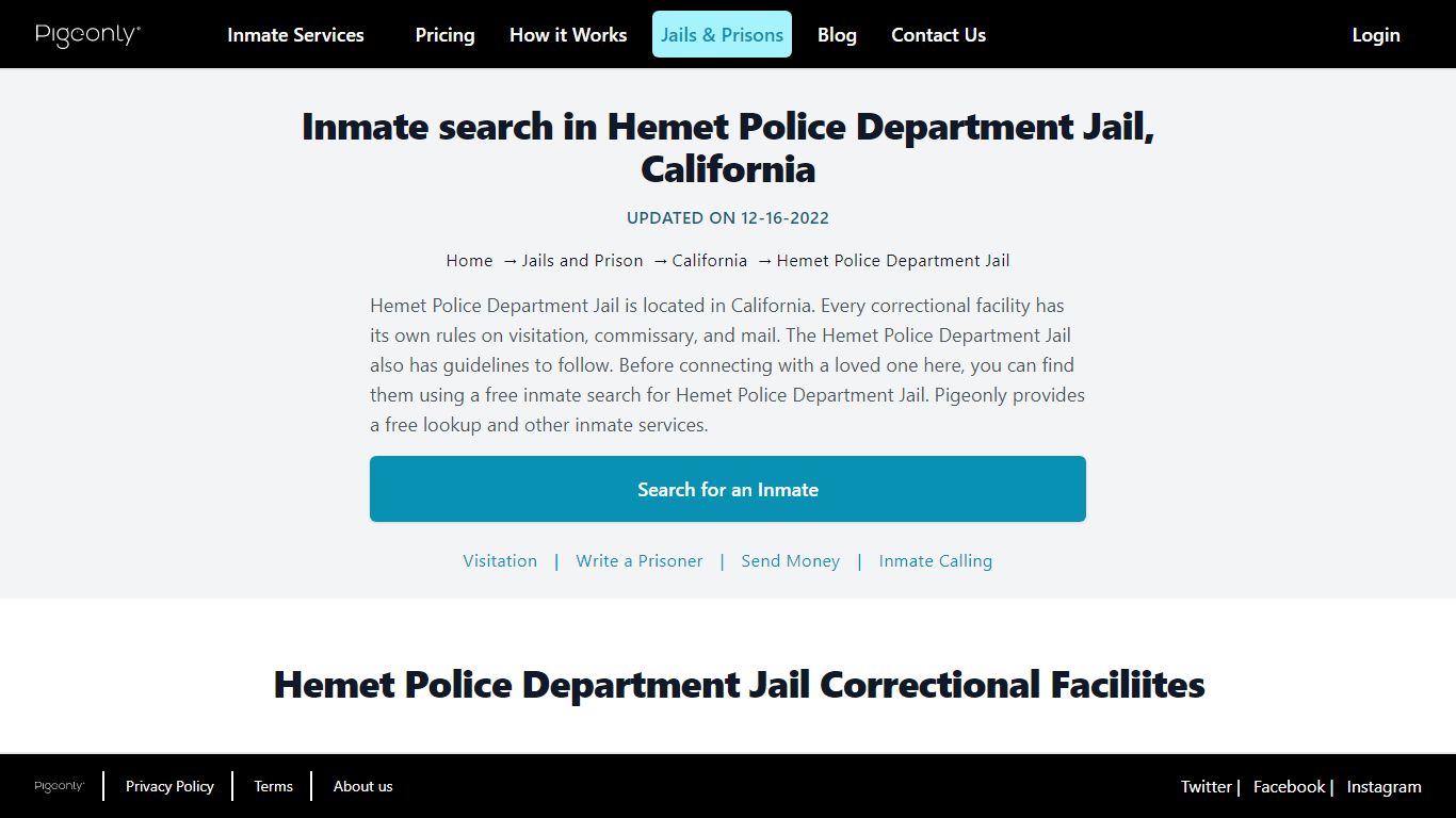 Inmate search in Hemet Police Department Jail, California