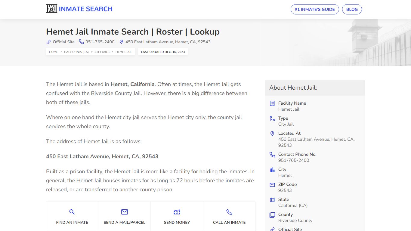 Hemet Jail Inmate Search | Roster | Lookup