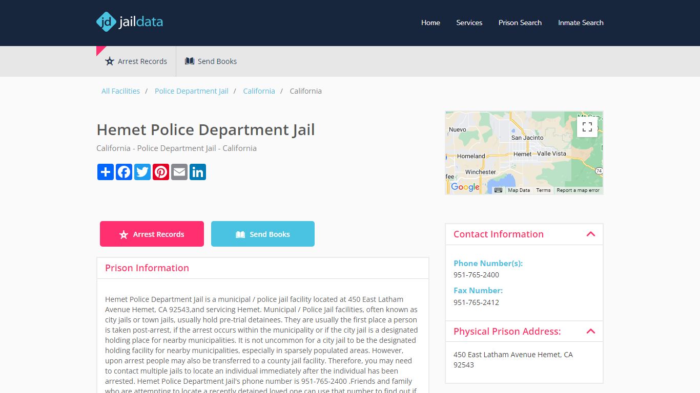 Hemet Police Department Jail Inmate Search and Prisoner Info - Hemet, CA